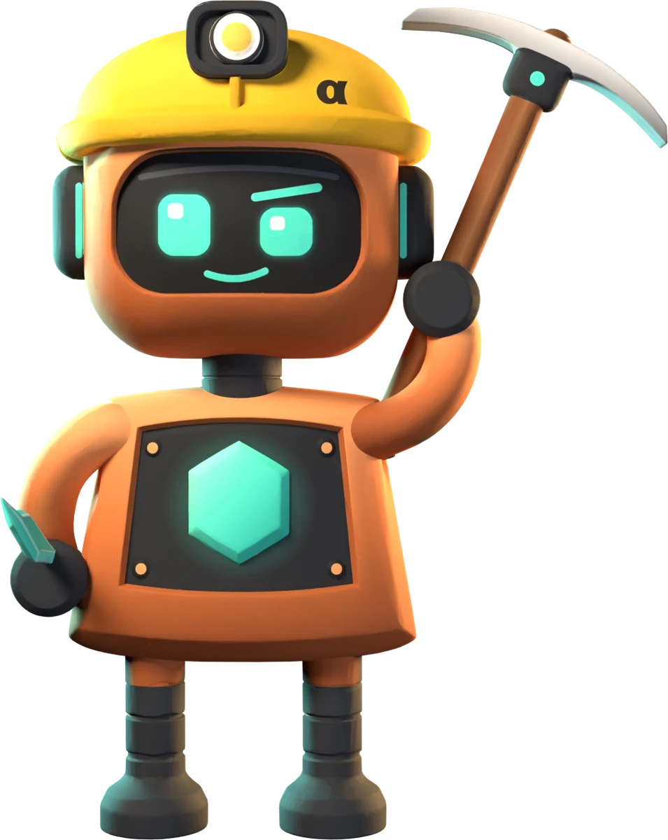 AlphaBot, a copper mining robot in a yellow hard hat holding a pickaxe and a glowing crystal